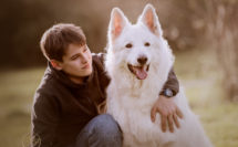 jeune homme et chien blanc